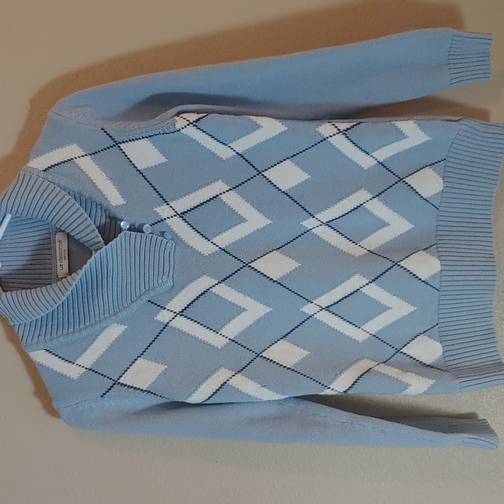 Liz Claiborne Argyle VTG Baby Blue Sweater W/Fold Over Collar SZ PETITE MED!